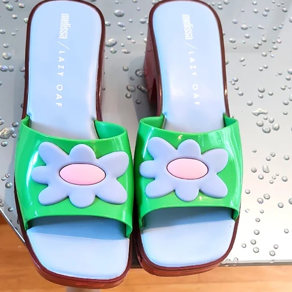 Melissa Lazy Oaf Green and Blue Floral Mules - Picture 1 of 4